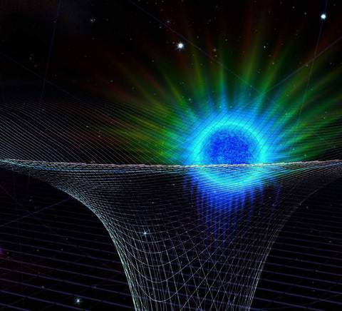 La imagen muestra un agujero negro con un halo de luz y colores vibrantes en un espacio dimensional.