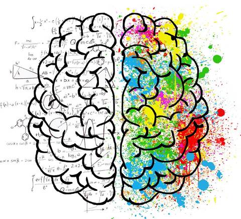 La imagen representa un cerebro dividido en dos mitades, una con fórmulas matemáticas y la otra con colores vibrantes y salpicaduras de pintura.