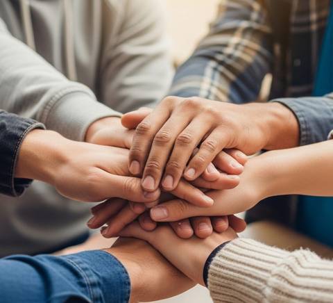 Un grupo de personas poniendo sus manos juntas en señal de unidad.