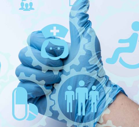 Una mano con un guante azul hace un gesto de aprobación frente a iconos relacionados con la salud y el cuidado.