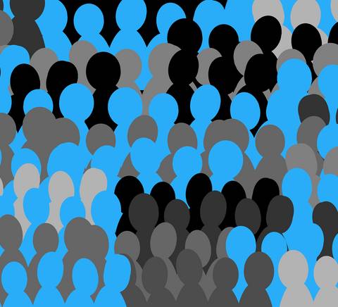 La imagen presenta un patrón abstracto de siluetas humanas en diferentes tonos de azul, negro y gris.