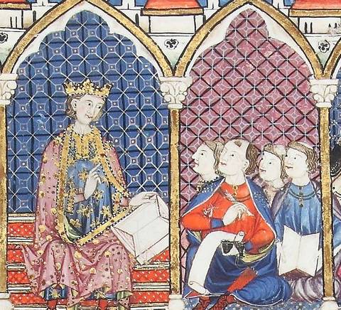 Ilustración medieval que muestra a un rey adornado con ropas lujosas y un grupo de consejeros escuchándolo atentamente.