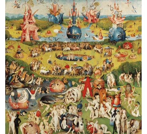 La imagen representa un complejo paisaje lleno de escenas alegóricas que exploran temas de la vida, el pecado y la redención.
