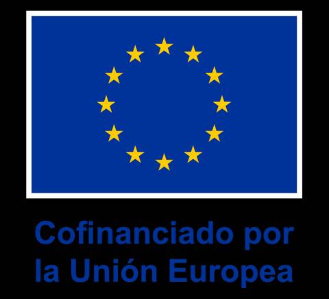 La imagen muestra un logotipo circular de estrellas amarillas sobre fondo azul, con el texto 'Cofinanciado por la Unión Europea' debajo.