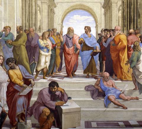 La imagen representa una escena de filósofos y académicos dialogando en un ambiente académico clásico.
