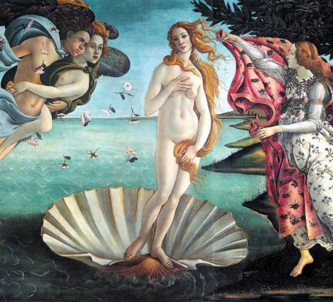 La obra representa a Venus naciendo del mar sobre una concha, rodeada de figuras mitológicas y elementos naturales.