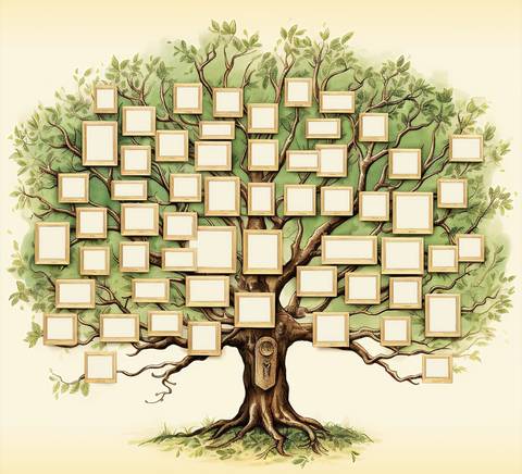 Un árbol genealógico ilustrado con cuadros vacíos para rellenar con nombres y detalles familiares.