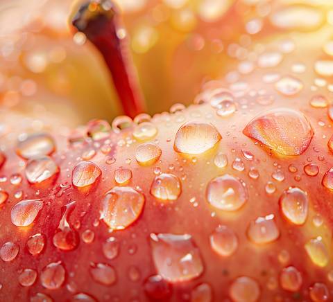 Una manzana roja cubierta de gotas de agua brillantes.