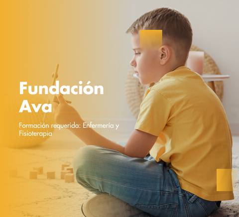 A young boy in a yellow shirt is sitting on the floor with a toy in his hands, next to text related to 'Fundación Ava' mentioning nursing and physiotherapy training.