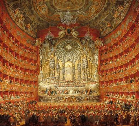 La imagen muestra un gran teatro lleno de espectadores admirando una producción artística en un ambiente opulento.