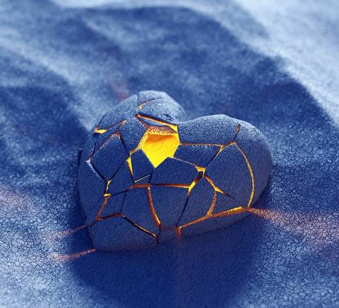 Un corazón roto resplandece en un fondo azul.
