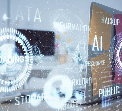 Una computadora portátil con gráficos digitales que representan conceptos de inteligencia artificial y gestión de datos.