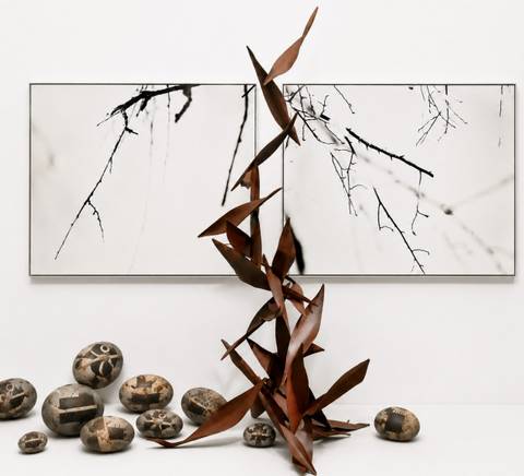 Una obra de arte contemporáneo que combina sombras de ramas en un lienzo con una escultura de formas abstractas y piedras en el suelo.