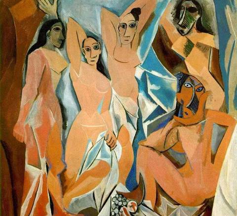 Una pintura cubista que representa a cinco figuras femeninas en diversos tonos de piel y poses dinámicas.