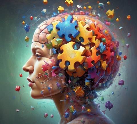 La imagen muestra un perfil humano con un cerebro formado por piezas de rompecabezas de colores brillantes, simbolizando la creatividad y la complejidad mental.