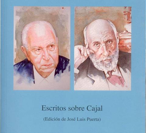 Portada del libro 'Escritos sobre Cajal' de Pedro Laín Entralgo, mostrando dos retratos de hombre, en un fondo azul.