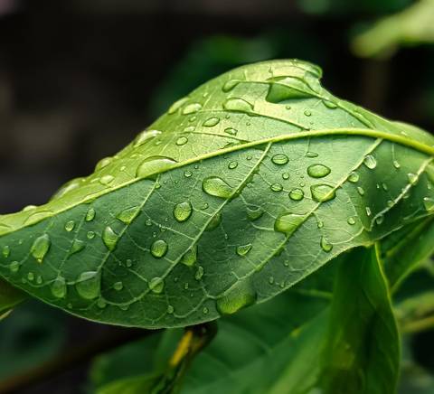 Una hoja verde cubierta de gotas de agua.