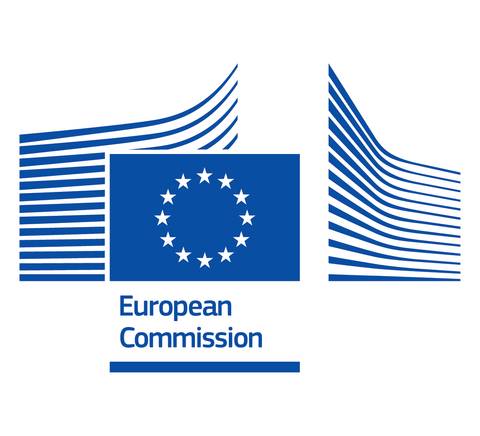 Logo de la Comisión Europea con un diseño estilizado en azul y blanco.