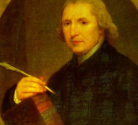 Retrato de un hombre con cabello claro y un libro en la mano.