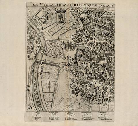 Mapa antiguo de Madrid que muestra la disposición de la ciudad y sus alrededores.