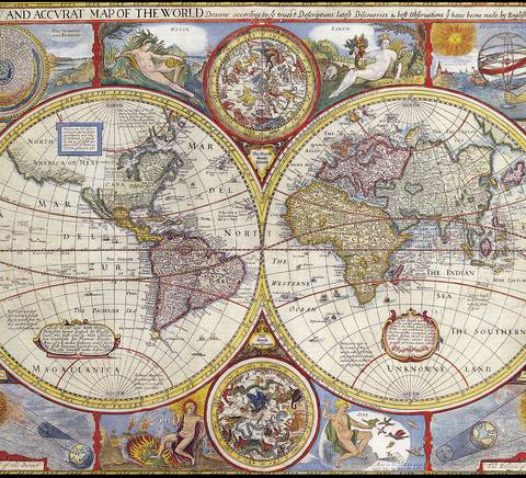 Mapa antiguo del mundo con ilustraciones decorativas y detalles geográficos.