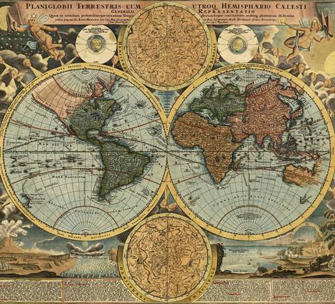 Mapa antiguo del mundo con representaciones de los continentes en hemisferios.