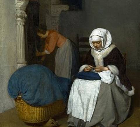 Mujer cosiendo al lado de una cuna, Gerard ter Borch (1656)