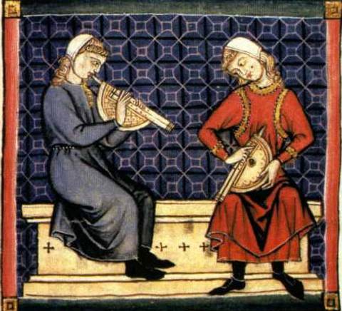 Dos mujeres medievales tocando instrumentos musicales.