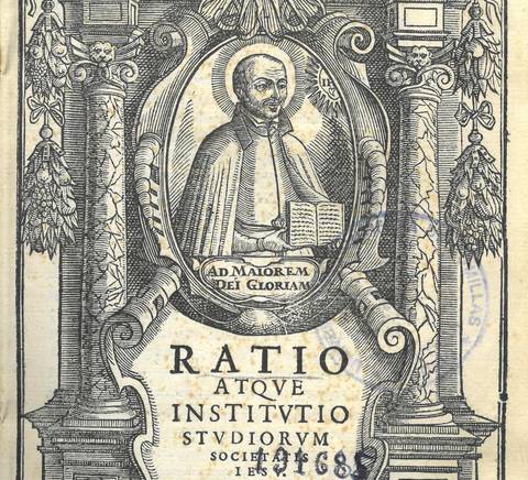 Imagen de una portada antigua de un book que incluye un retrato y texto en latín.
