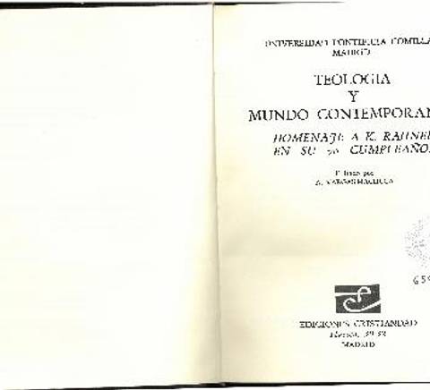 A photo of an open book titled 'Teología y el Mundo Contemporáneo', an homage to K. Rahner.