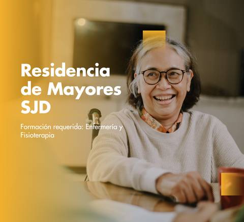 An elderly woman smiling in a promotional poster for a senior residence with a focus on nursing and physiotherapy training.