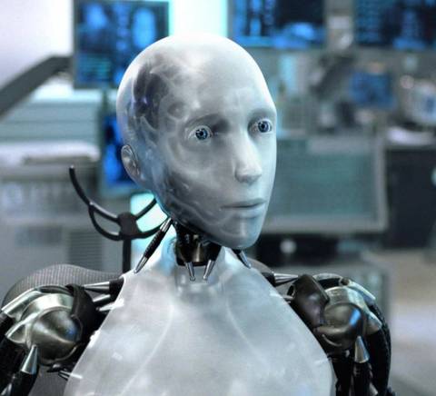 Un robot humanoide con apariencia metálica y ojos azules en un entorno de alta tecnología.