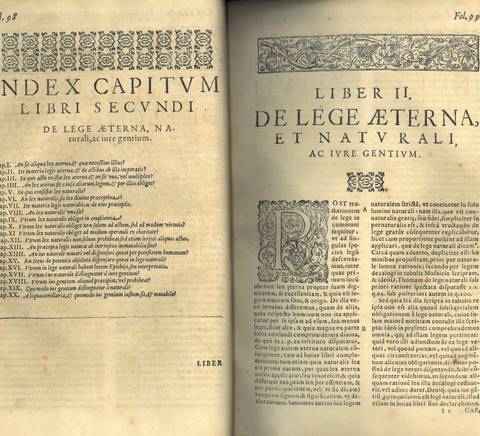 Página antigua de un libro con un índice de capítulos y un texto sobre la ley eterna.