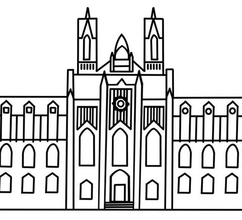 A black and white line drawing of a detailed gothic cathedral facade.