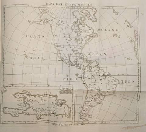 Mapa del Nuevo Mundo que muestra las costas y los océanos circundantes.