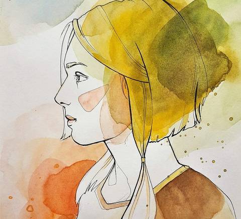 Retrato en acuarela de una chica con fondo abstracto en tonos cálidos.