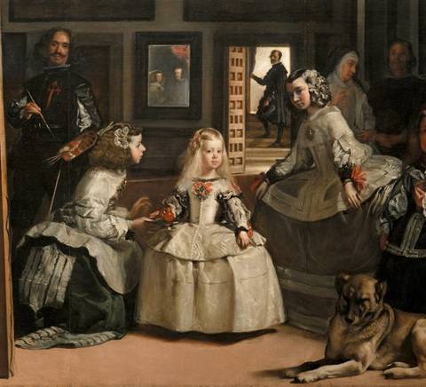 Una escena de la corte española del siglo XVII con varias figuras en el interior de un palacio.
