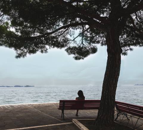 Una mujer sentada en un banco frente al mar, bajo la sombra de un árbol.