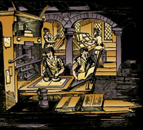 La imagen muestra a varios trabajadores en un taller antiguo, imprimiendo y manipulando papel.