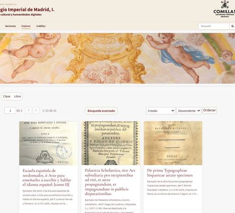 Captura de pantalla de un sitio web sobre el Colegio Imperial de Madrid con elementos de búsqueda de documentos.