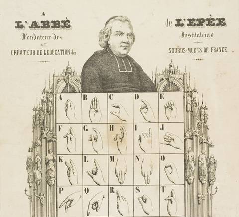 Imagen histórica que muestra el alfabeto en lengua de señas, asociado a la educación de personas sordas, con un retrato del Abbé de l'Épée.