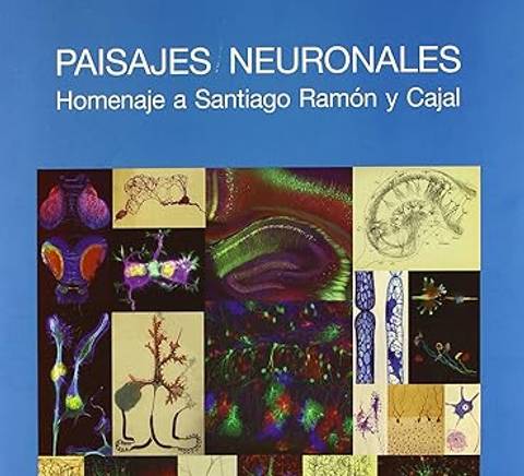 Portada del libro 'Paisajes Neuronales: Homenaje a Santiago Ramón y Cajal', que muestra una colección de imágenes coloridas de estructuras neuronales.