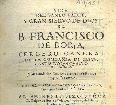 Antigua portada de un libro sobre la vida de San Francisco de Borja, de la Compañía de Jesús.