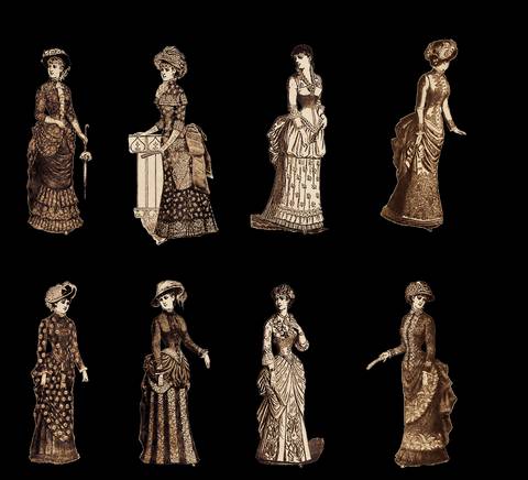 Una colección de figuras recortadas de mujeres con trajes históricos en un fondo negro.