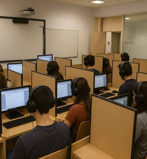 Un aula con estudiantes utilizando computadoras y auriculares en un ambiente de aprendizaje.