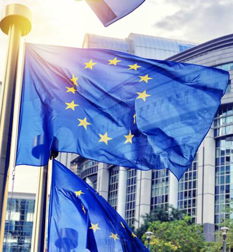 Una imagen de varias banderas de la Unión Europea frente a un moderno edificio.