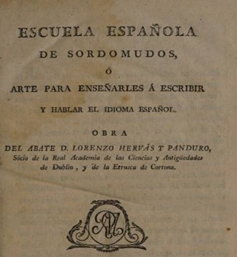 Portada de un libro titulado 'Escuela Española de Sordomudos' que trata sobre la enseñanza del idioma español a personas sordas.