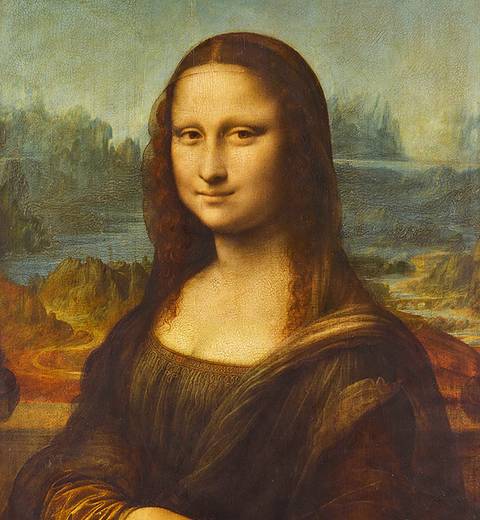 Una pintura de una mujer con una sonrisa enigmática, conocida como La Gioconda, en un paisaje de fondo.