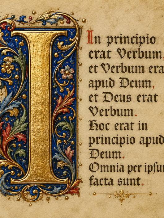 La imagen muestra un decorado manuscrito con un texto en latín y detallados elementos ornamentales en colores vivos.
