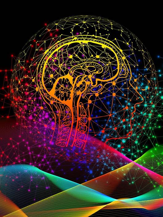 La imagen muestra un diseño abstracto que combina elementos de una cabeza humana con patrones de red y colores vibrantes sobre un fondo negro.